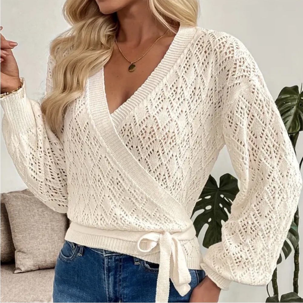 Off White or Milky White Knit Semi Sheer Wrap Sweater - Decorative Side Tie